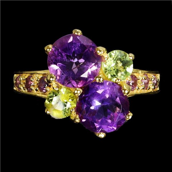 Big 7 mm Amethyst and Peridot Ring in 14k White Gold Plated 925 Sterling Silver - Size 6.5 - Apprais