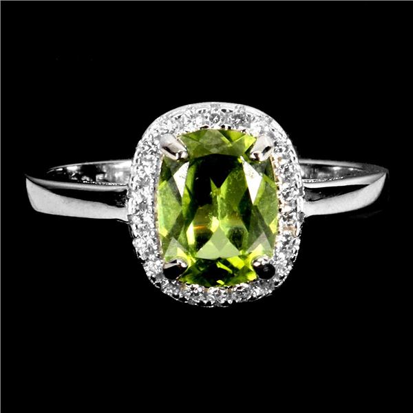 Big 8x6 mm Antique Cut Peridot and CZ Ring in 14k White Gold Plated 925 Sterling Silver - Size 7 - A