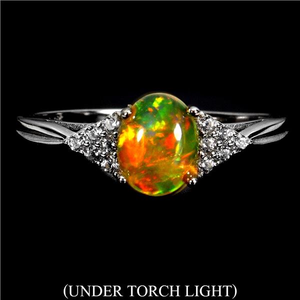 Big 8x6 mm Oval Cabochon Crystal Opal AAA Full Play of Colour Ring in 14k White Gold Plated 925 Ster