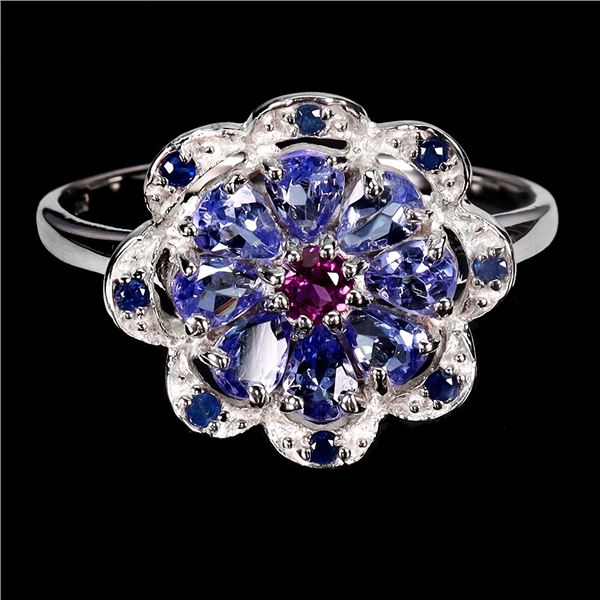 Tanzanite, Rhodolite Garnet and White Sapphire Ring in 14k White Gold Plated 925 Sterling Silver - S