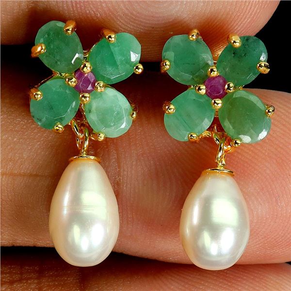 Pear, Emerald and Ruby Earrings in 14k Yellow Gold Plated 925 Sterling Silver - Appraised Replacemen