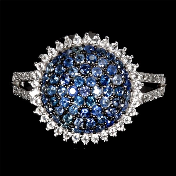 Diamond Cut Blue Sapphire and White Topaz Ring in 2-Tone Black Rhodium and 14k White Gold Plated 925
