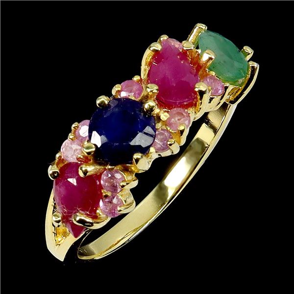 Round Cut Emerald, Ruby and Sapphire Ring in 14k Yellow Gold Plated 925 Sterling Silver - Size 7 - A