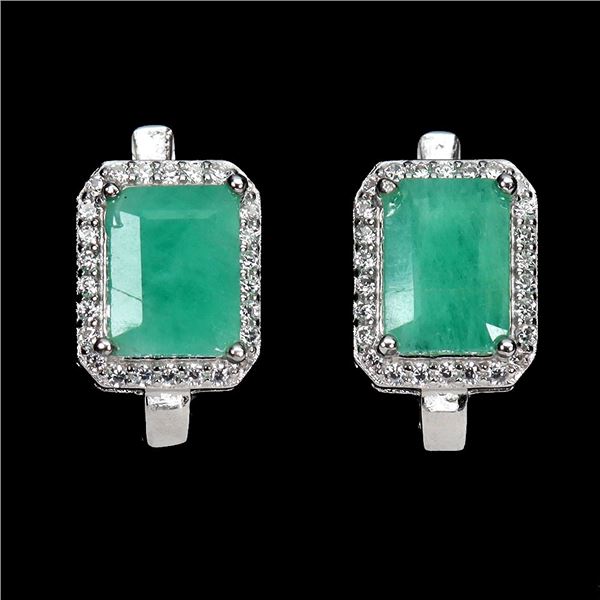 Big 8x6 mm Octagon Cut Emerald and CZ Earrings in 14k White Gold Plated 925 Sterling Silver - Apprai