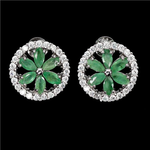 Marquise Cut Emerald and CZ Earrings in 14k White Gold Plated 925 Sterling Silver - Appraised Replac