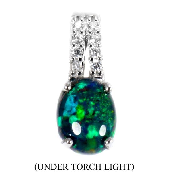 Big 8x6 mm Black Opal and CZ Pendant in 14k White Gold Plated 925 Sterling Silver - Appraised Replac