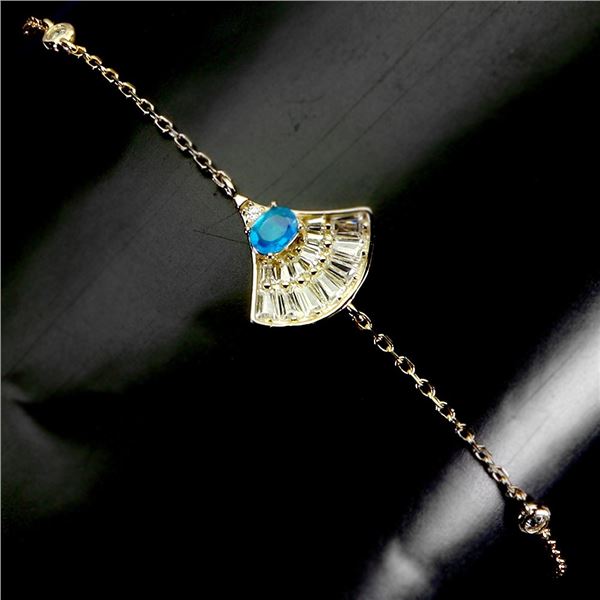 Beautiful Blue Fire Opal and CZ Bracelet in in 14k Yellow Gold Plated 925 Sterling Silver - 8 inches