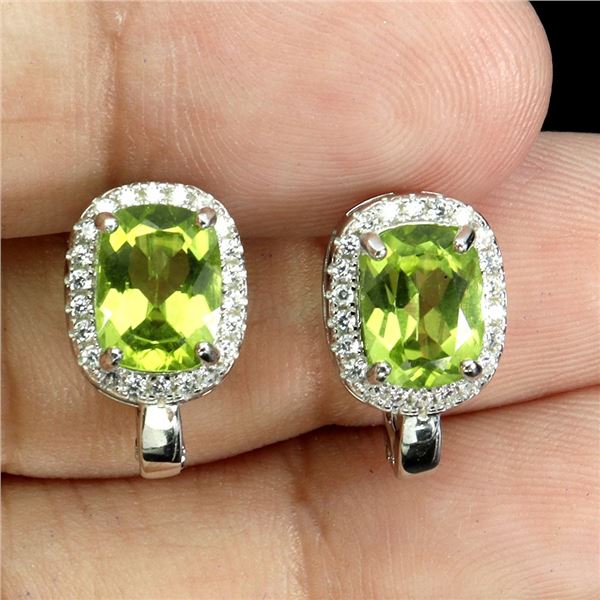 Big 8x6 mm Oval Cut Clean Peridot and CZ Earrings in 14k White Gold Plated 925 Sterling Silver - App