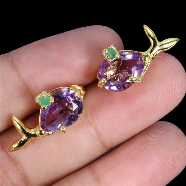 Amethyst and Chrome Diopside Earrings in 14k Yellow Gold Plated 925 Sterling Silver - Appraised Repl