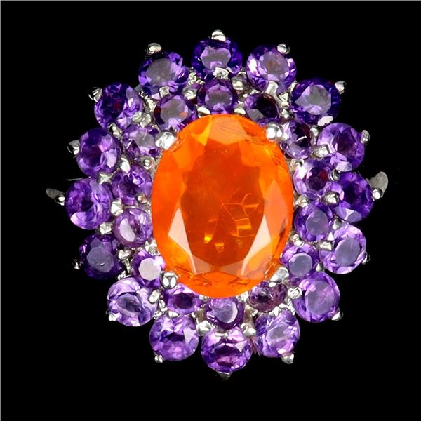 Big 9x7 mm Fire Orange Opal and Amethsyt Ring in 14k White Gold Plated 925 Sterling Silver - Size 8 