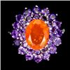 Image 1 : Big 9x7 mm Fire Orange Opal and Amethsyt Ring in 14k White Gold Plated 925 Sterling Silver - Size 8 