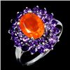 Image 2 : Big 9x7 mm Fire Orange Opal and Amethsyt Ring in 14k White Gold Plated 925 Sterling Silver - Size 8 