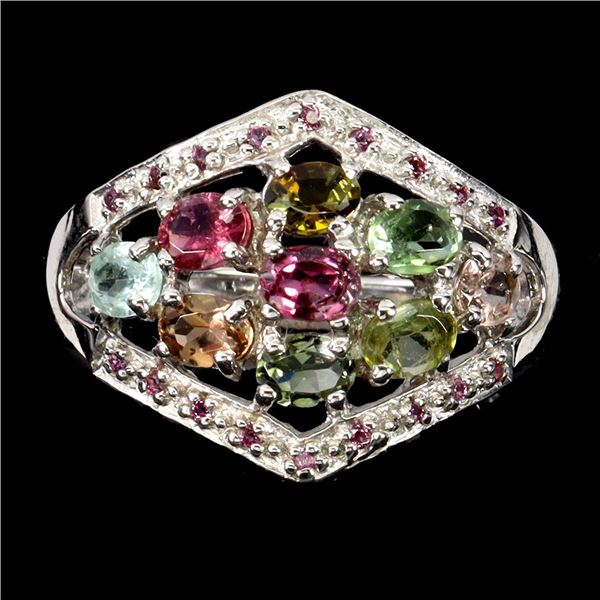 Multi Coloured Tourmaline and Rhodolite Garnet Ring in 14k White Gold Plated 925 Sterling Silver - S