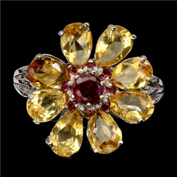 High Clarity Pear Cut Yellow Citrine and Rhodolite Garnet Ring in 14k White Gold Plated 925 Sterling