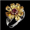 Image 2 : High Clarity Pear Cut Yellow Citrine and Rhodolite Garnet Ring in 14k White Gold Plated 925 Sterling