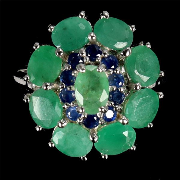 Oval Cut Unheated Emerald and Blue Sapphire Ring in 14k White Gold Plated 925 Sterling Silver - Size