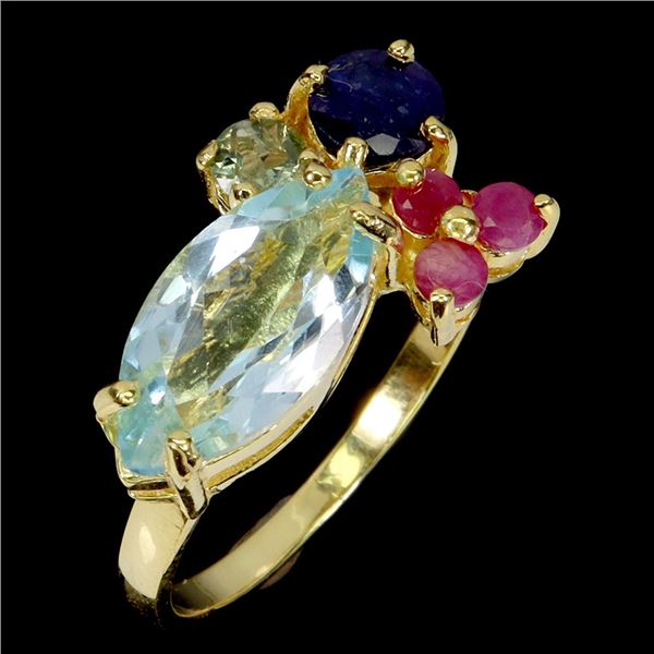 Big 16x7 mm Marquise Cut Sky Blue Topaz, Ruby and Sapphire Ring in 14k Yellow Gold Plated 925 Sterli