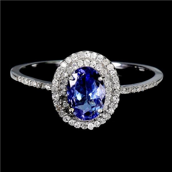 Expensive 7x5 mm Oval Cut Tanzanite and 77 pcs. Brilliant Cut Diamond Ring in 14k White Gold Plated 