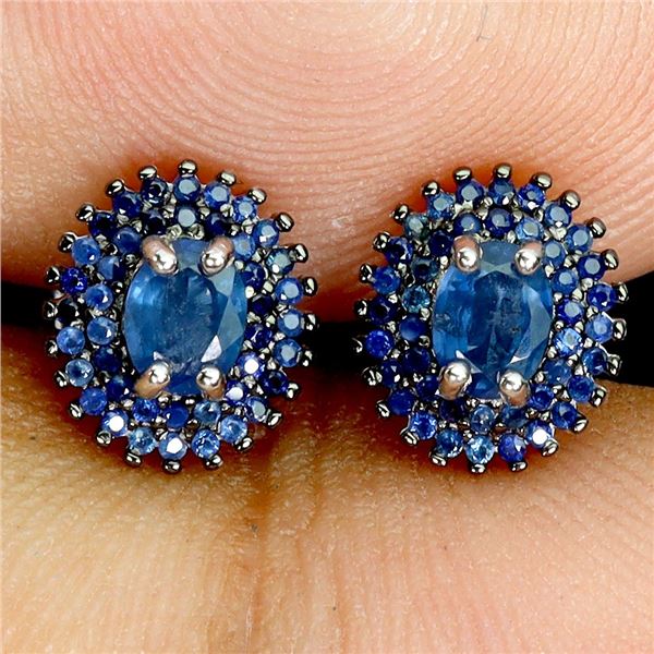 Oval and Diamond Cut Blue Sapphire Earrings in 2-Tone Black Rhodium and 14k White Gold Plated 925 St