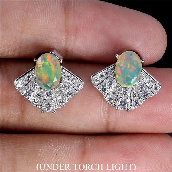 Big 7x5 mm Crystal Opal Earrings AAA Full Play of Color in 14k White Gold Plated 925 Sterling Silver