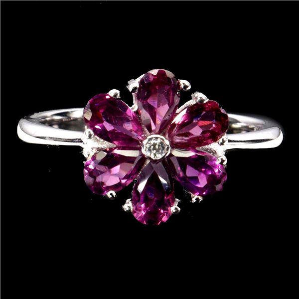 Rhodolite Garnet and CZ Flower Shaped Ring in 14k White Gold Plated 925 Sterling Silver - Size 7 - A