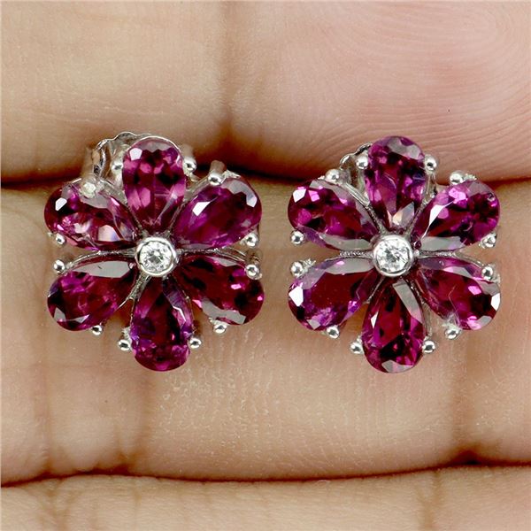 Rhodolite Garnet and CZ Flower Shaped Earrings in 14k White Gold Plated 925 Sterling Silver -Apprais