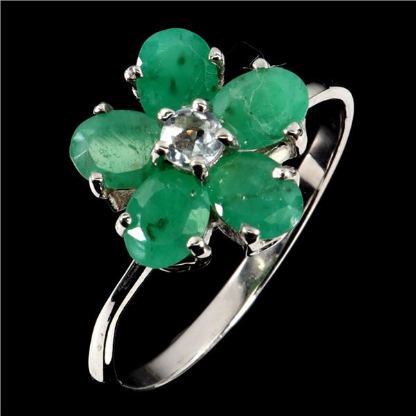 Emerald and Aquamarine Ring in 14 White Gold Plated 925 Sterling Silver Ring - Size 9 - Appraised Re