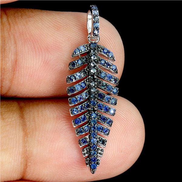 Diamond Round Cut Blue Sapphire Pendant in 2-Tone Black Rhodium and 14k White Gold Plated 925 Sterli