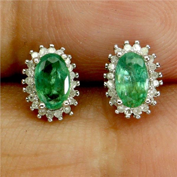 5x3 mm Untreated Oval Cut Emerald and 40 pcs. Natural Diamonds Earrings in 14k White Gold Plated 925