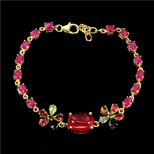 Huge 13x 10 mm Oval Cabochon Ruby, Tourmaline, Ruby and Chrome Dipside Bracelet in 14k Yellow Gold P