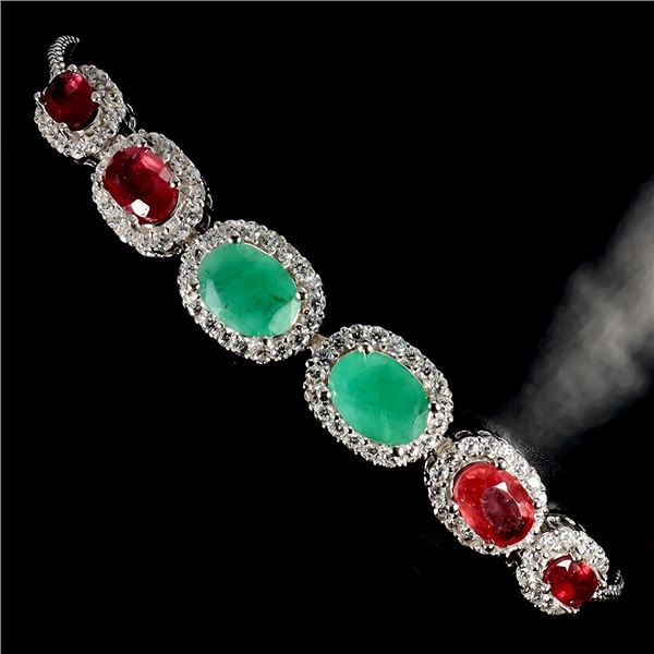 Big 7x5 mm Oval Cut Emerald and Ruby Bracelet in 14k White Gold Plated 925 Sterling Silver - 6 inche