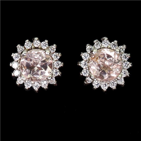 Round Cut Morganite (Same Family as Emerald) and CZ Earrings in 14k White Gold Plated 925 Sterling S