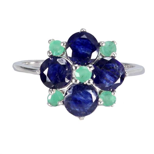 Blue Sapphire and Emerald Ring in 14k White Gold Plated 925 Sterling Silver - Size 7.5 - Appraised R