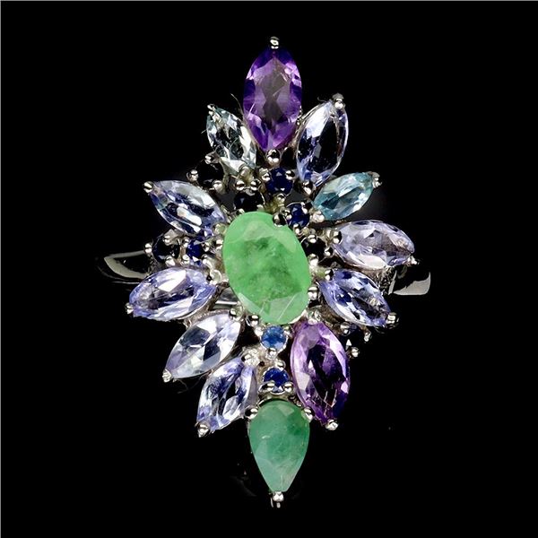 Emerald, Amethyst, Tanzanite and Sky Blue Topaz Ring in 14k White Gold Plated 925 Sterling Silver - 