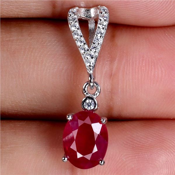 Big 8x6 mm Oval Cut Blood Red Ruby Pendant in 14k White Gold Plated 925 Sterling Silver - Appraised 