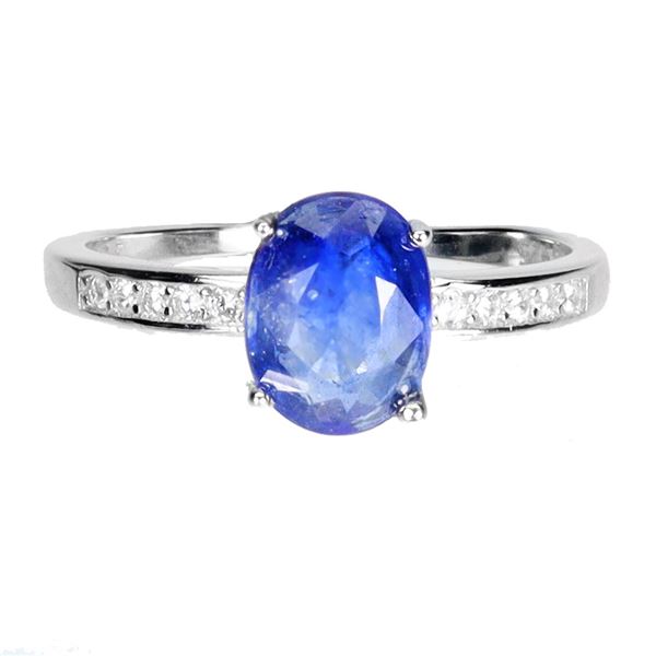 Very Nice Blue Sapphire and CZ Ring in 14k White Gold Plated 925 Sterling Silver - Size 6.5 - Apprai