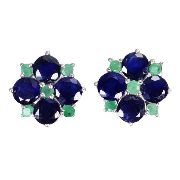 Dark Blue Sapphire nd Emerald Earrings in 14k White Gold Plated 925 Sterling Silver - Appraised Repl