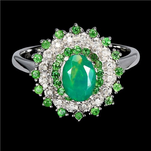 High Value Big 7x5 mm Fire Green Opal, Tsavorite Garnet and 16 pcs. Of Diamonds Ring in 14k White Go