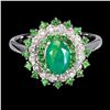 Image 1 : High Value Big 7x5 mm Fire Green Opal, Tsavorite Garnet and 16 pcs. Of Diamonds Ring in 14k White Go