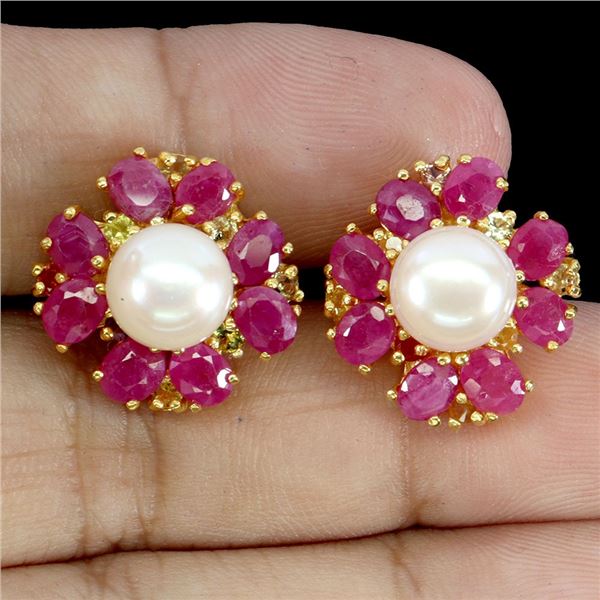 Superb Pearl and 4x3 mm Oval Cut Ruby and Sapphire Earrings in 14k Yellow Gold Plated 925 Sterling S