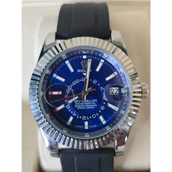 HIGH END AUTOMATIC 40 MM, MODEL SKY-DWELLER 336934 AAA QUALITY REPLICA, FLUTED WHITE GOLD BEZEL, BLU