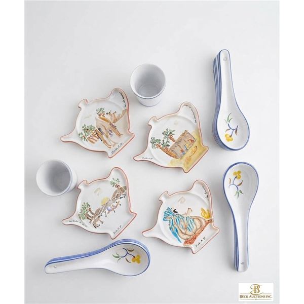 Hand Painted Ceramic Tea Bag Holders, Soup Spoons and Cups Set
