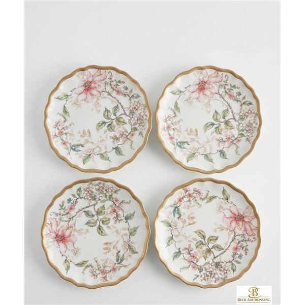 4 Melamine Plates with Floral Design and Gold Edging
