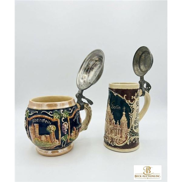 German Ceramic Beer Steins with Pewter Lids