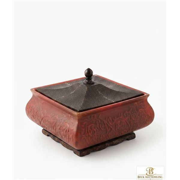 Signed Michael Deneen Square Lidded Ceramic Box with Ornate Relief