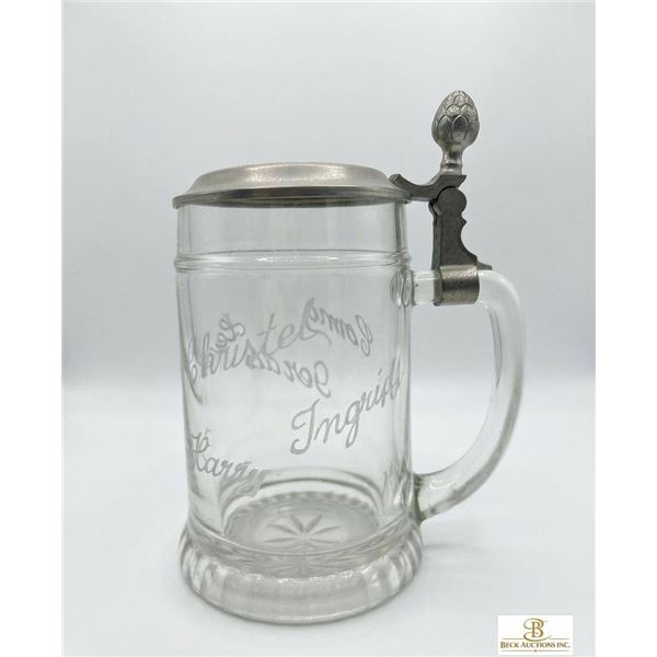 Glass Beer Stein with Pewter Lid and Engraved Names
