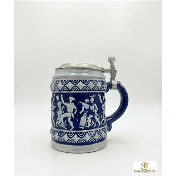 German Stoneware Beer Stein with Pewter Lid and Relief Decoration