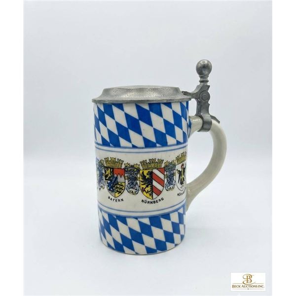 German Beer Stein with Pewter Lid and Bavarian Crests