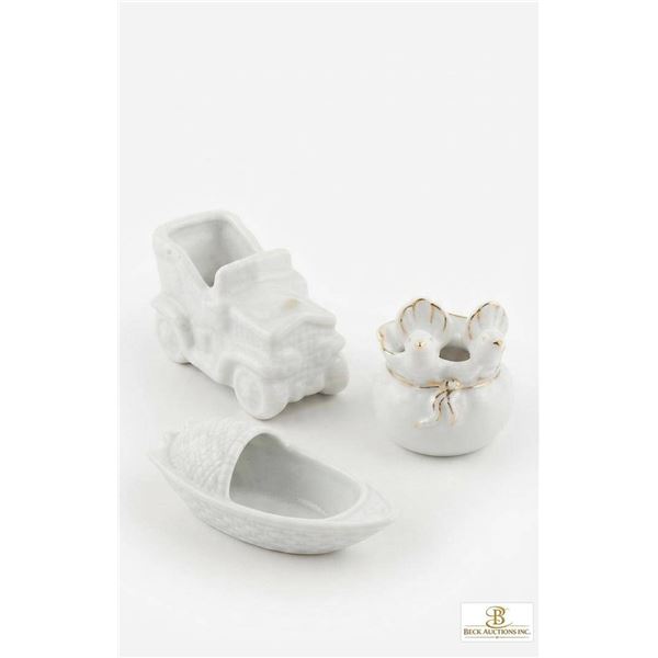 3 White Ceramic Planters Car Bird Boat Shaped