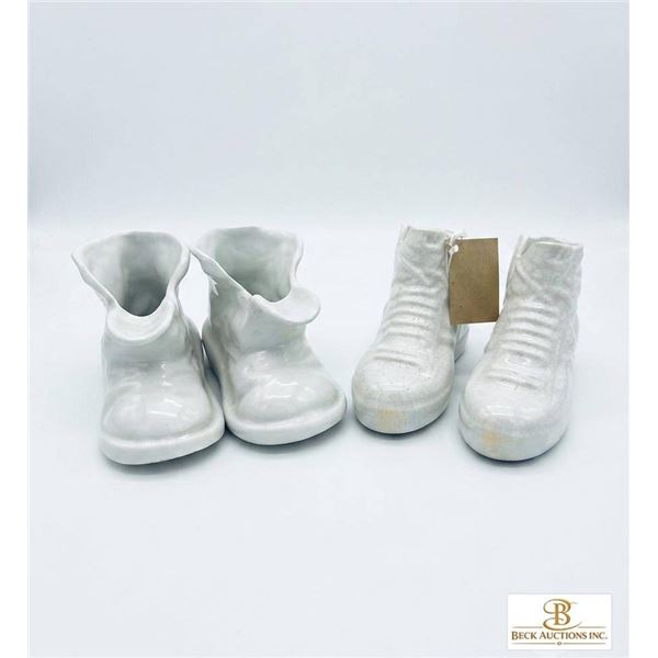 Two Pairs of White Glazed Ceramic Baby Shoe Figurines